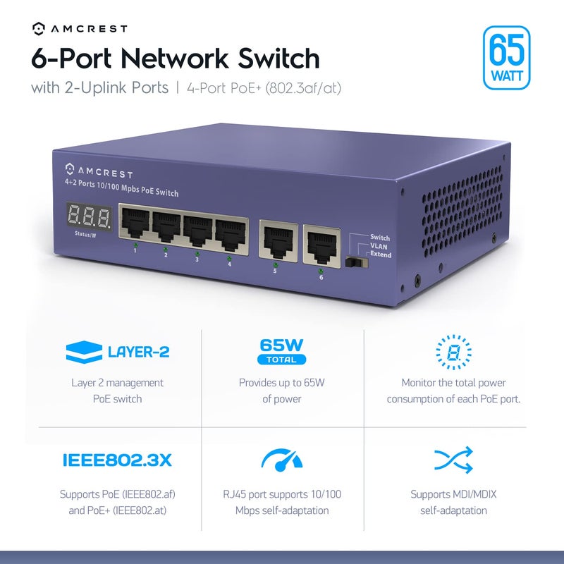 Amcrest 6-Port POE+ Power Over Ethernet Switch with Metal Housing, 4-Ports POE+ 802.3at 65W - Image 2